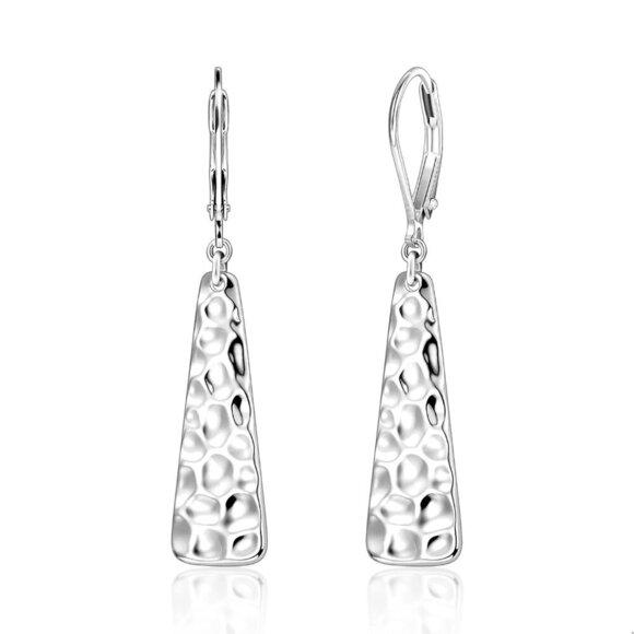 925 Sterling Silver French  Hammer Square Bar Long Drop Leverback Earring - Picture 1 of 7